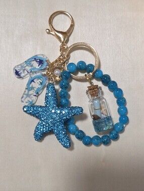 Nautical Beach Starfish Keychain & Turquoise Beaded Wristlet Bag Charm 🌊